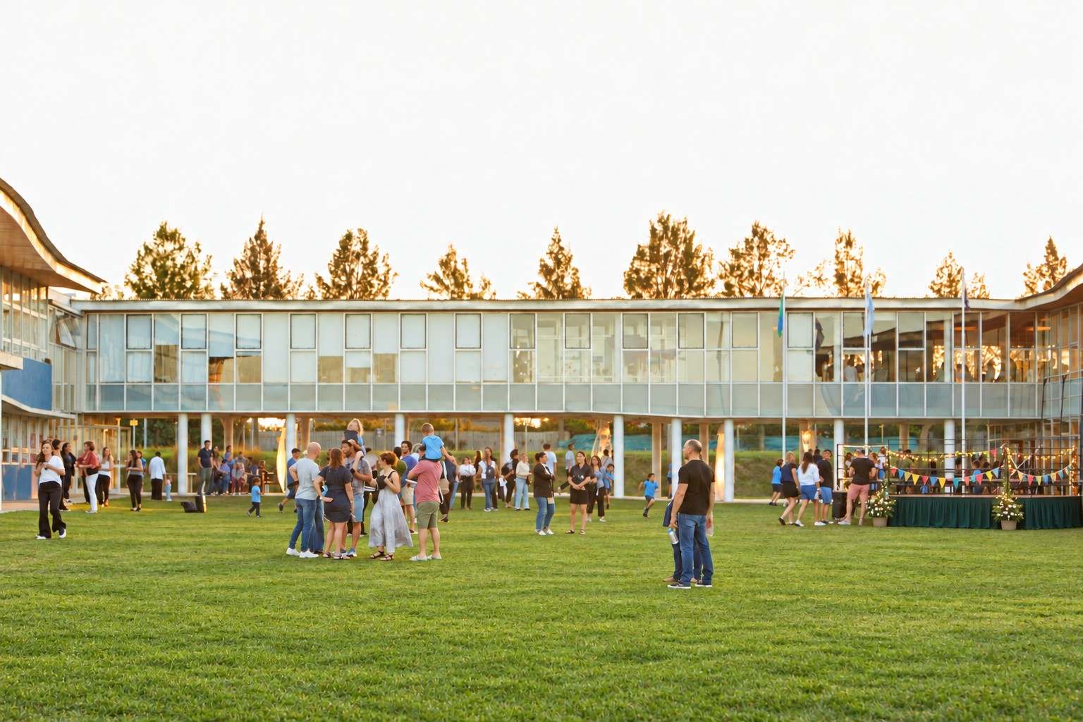 Familias y alumnos en el patio central de césped frente al edificio vidriado del colegio, con un escenario decorado con banderines